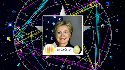 le pouvoir Hilary-Clinton portrait sur un fond de lignes de couleurAtlaneastro