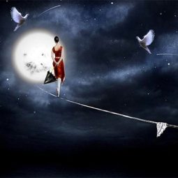 Une femme en rouge sur 1 fil chemine vers la lune Joyeux Noël-Atlaneastro