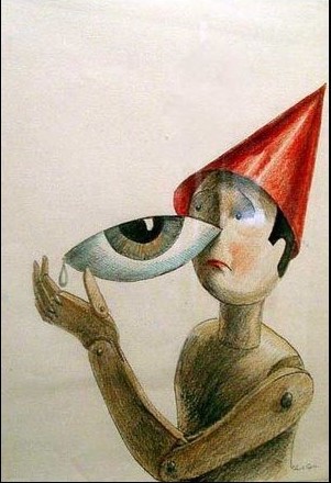 dessin Roland Topor bonhomme en bois chapeau rouge et oeil Part.1-Atlaneastro