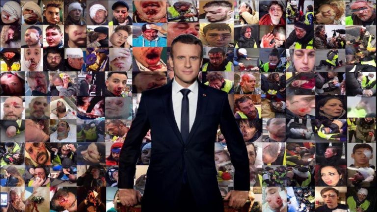 Emmanuel Macron devant les photos des gueules cassés