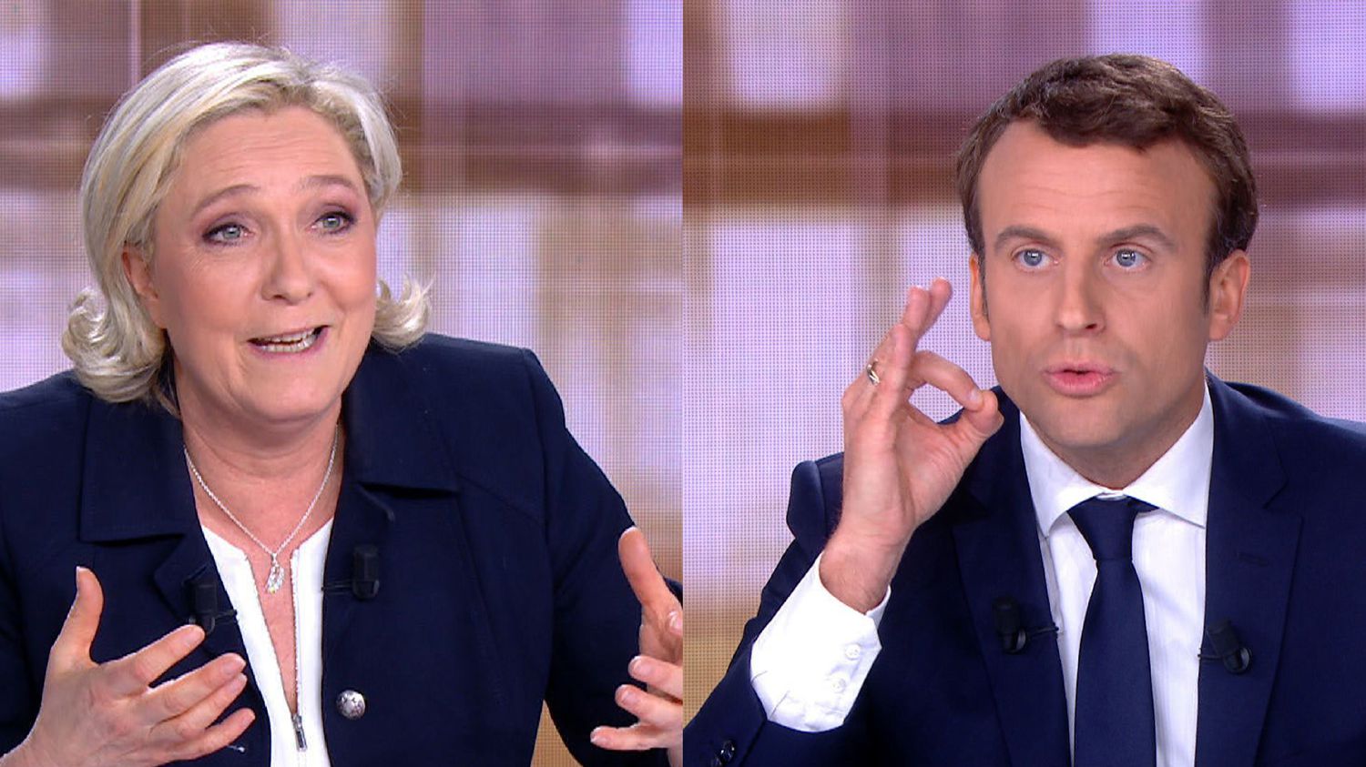 débat d'entre deux tours M. Le Pen E. Macron une main pouce et index qui se touche Le Pen les mains ouvertes Atlaneastro