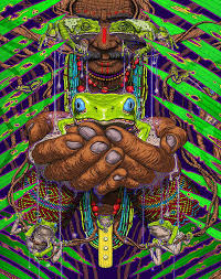 Le Kambo une affiche psychadélique des mains ue grenouille et un chaman Part.1-Atlaneastro